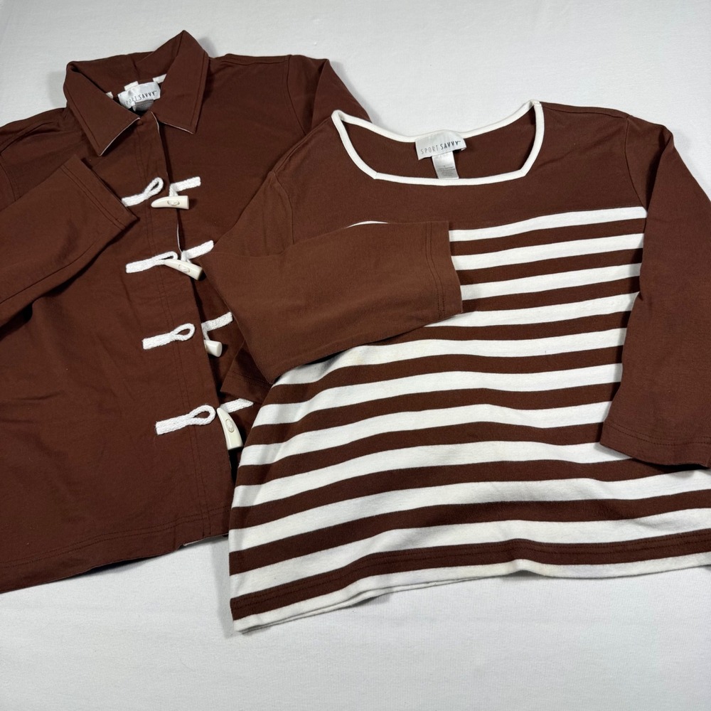 Sport Savvy Jacket & Top Set Large Brown Striped Cotton Toggle Button 2pc